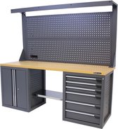 Kraftmeister werkbank 200 cm - Werktafel met gereedschapswand, 6 laden, 1 opbergkast en MDF werkblad - Grijs