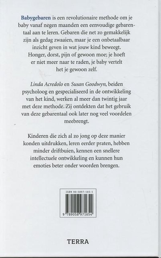 De achterkant van het boek 'Babygebaren' met tekst over de methode, de auteurs Linda Acredolo en Susan Goodwyn, en de voordelen van gebarentaal voor baby's.
