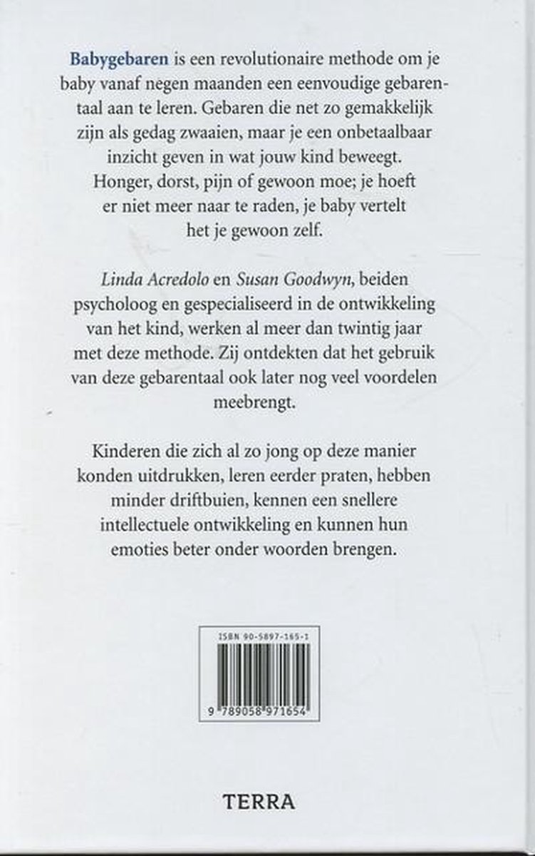 De achterkant van het boek 'Babygebaren' met tekst over de methode, de auteurs Linda Acredolo en Susan Goodwyn, en de voordelen van gebarentaal voor baby's.