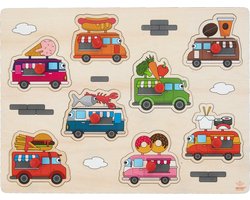 Knoppuzzel Foodtruck – Klein – Houten Puzzel – Rode Kunststof Knopjes – Kinderen Puzzel met Voedselthema – Engelhart