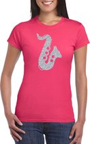 Zilveren saxofoon / muziek t-shirt / kleding - roze - voor dames - muziek shirts / muziek liefhebber / saxofonisten / jazz / outfit S