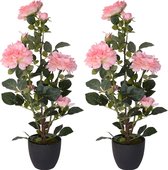 2x Groene kunst planten met roze rozen in pot 70 cm - Woondecoratie/accessoires - Kunstplanten - Nepplanten - Kamerplanten - Rozen - Kamerroos - Roosplanten