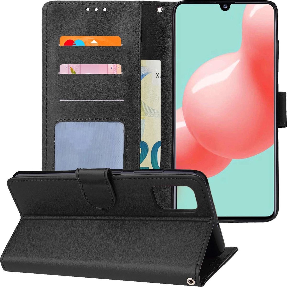Hoesje - Met Pasjeshouder - Geschikt voor Samsung Galaxy A41 - Luxe Bookcase Portemonee - Flip Case - Kunstleer Book Case - Flipcase - Book Cover - Walletcase - Portemonneehoes - Telefoonhoesjes - Zwart
