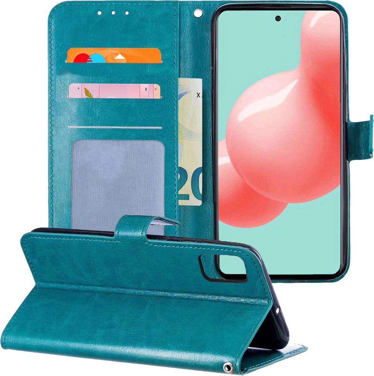 Hoesje - Met Pasjeshouder - Geschikt voor Samsung Galaxy A51 - Luxe Bookcase Portemonee - Flip Case - Kunstleer Book Case - Flipcase - Book Cover - Walletcase - Portemonneehoes - Telefoonhoesjes - Turquoise
