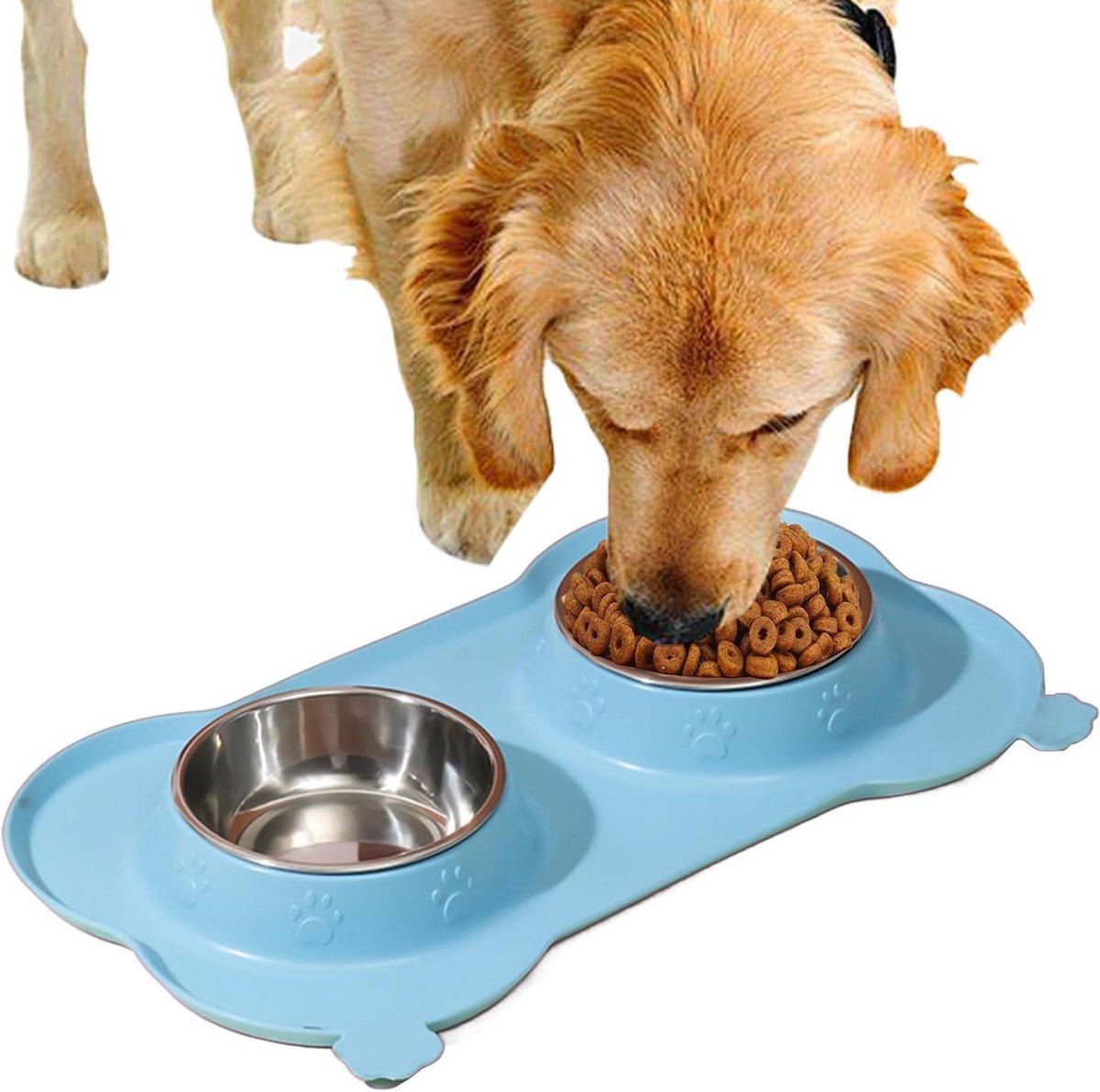 Honden Eten Bakken - Voederbak Dubbel - Hygiënisch Eten - Morsvrije Dubbele Bak - 35x19 cm - Blauw