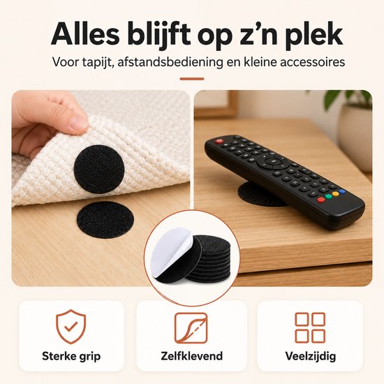 Zwarte klittenbandjes die een tapijt, een afstandsbediening en kleine accessoires op hun plaats houden.