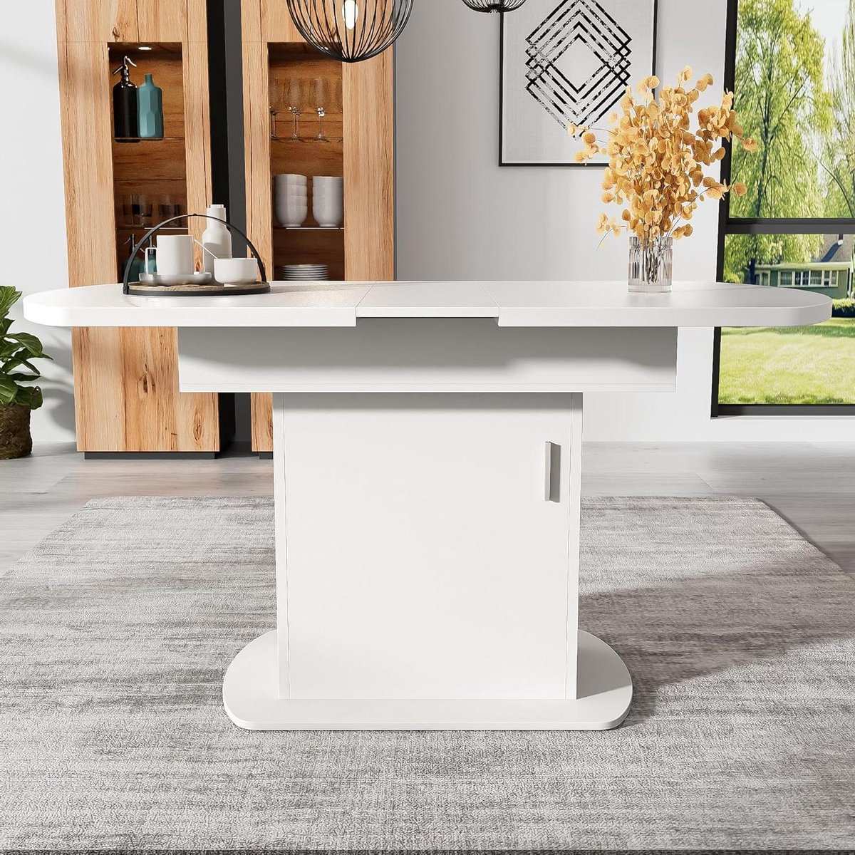 Uittrekbare Eettafel - Ovaal Tafelblad - Ruimte Besparen - Met Opbergruimte - 110-130x70x75 cm - Wit Zilver