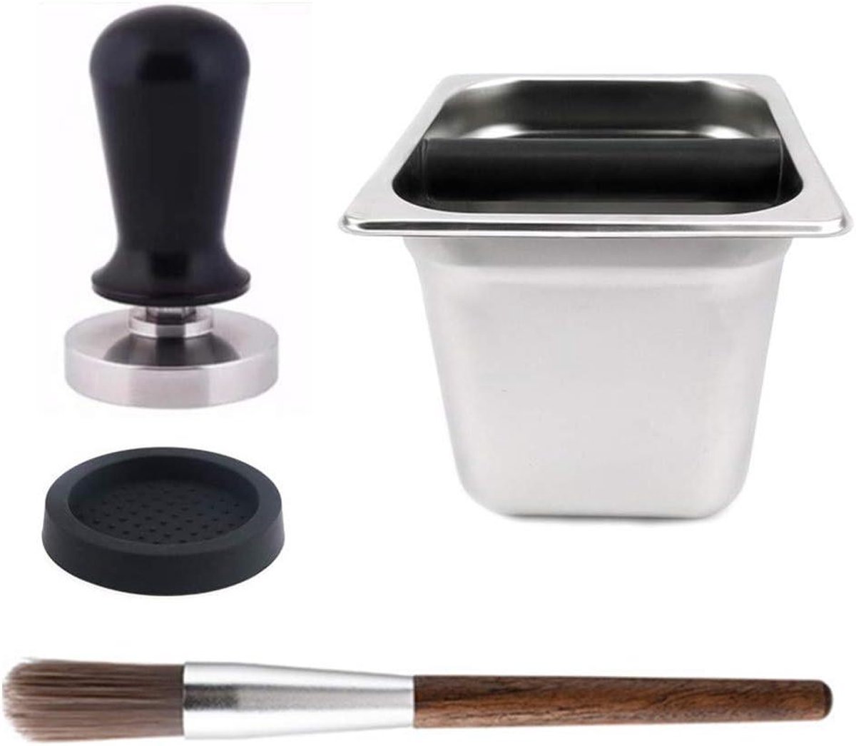 Koffie Accessoires Set - Barista Hulpmiddelen - Koffie Bereiden - Roestvrij Stalen Afvalbak - 53MM Tamper - Zwart