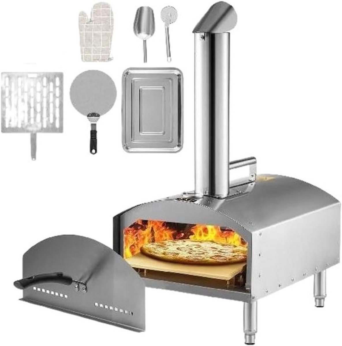 Draagbare Pizzaoven Houtgestookte Oven Buiten Koken Snelle Verwarmingscyclus 12 inch Zilver