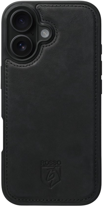 Zwarte lederen back cover met dubbele camera-uitsparing en Rosso logo.