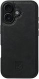 Zwarte lederen back cover met dubbele camera-uitsparing en Rosso logo.