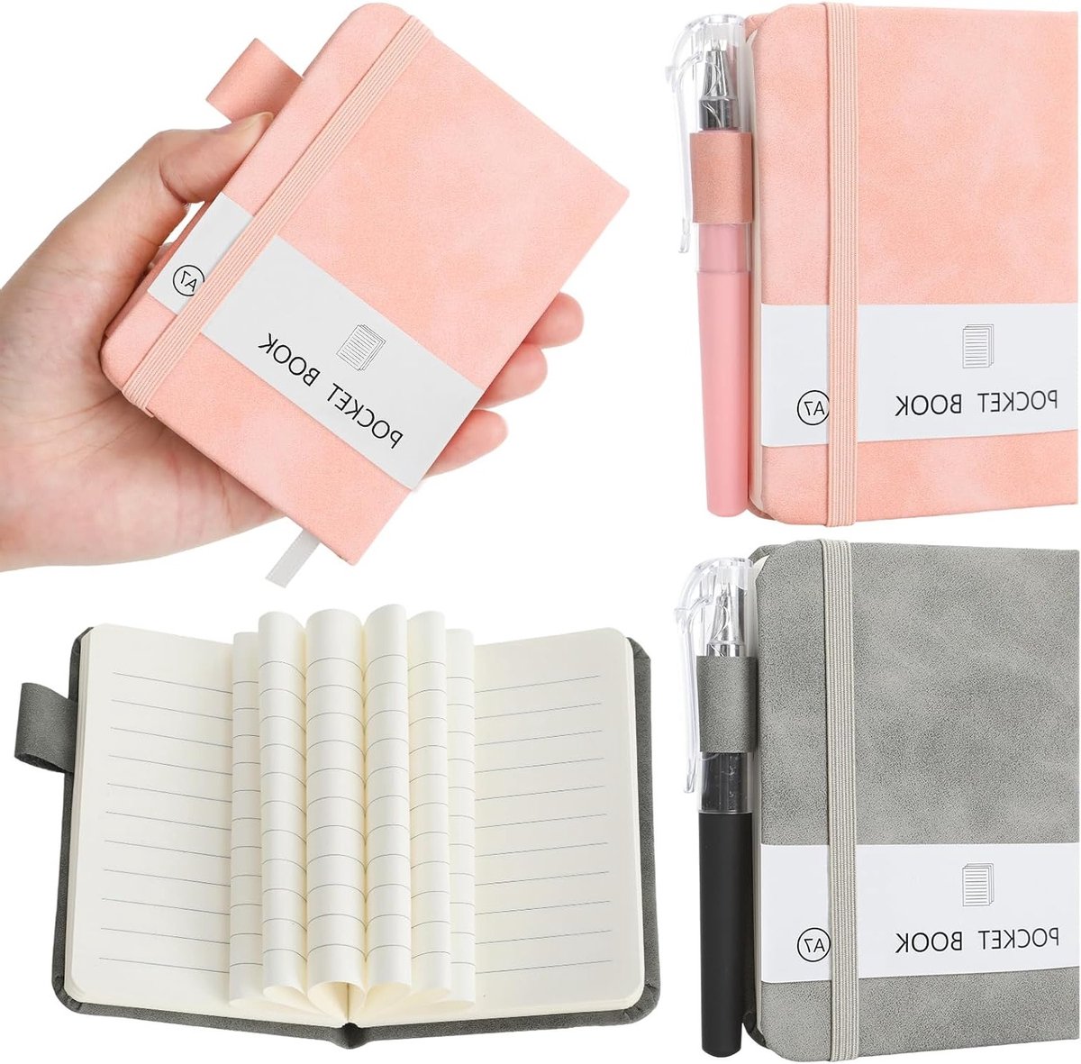 Kleine hardcover notitieboekjes A7 met 200 pagina's, 2 pennen en elastische band voor school, werk en reizen