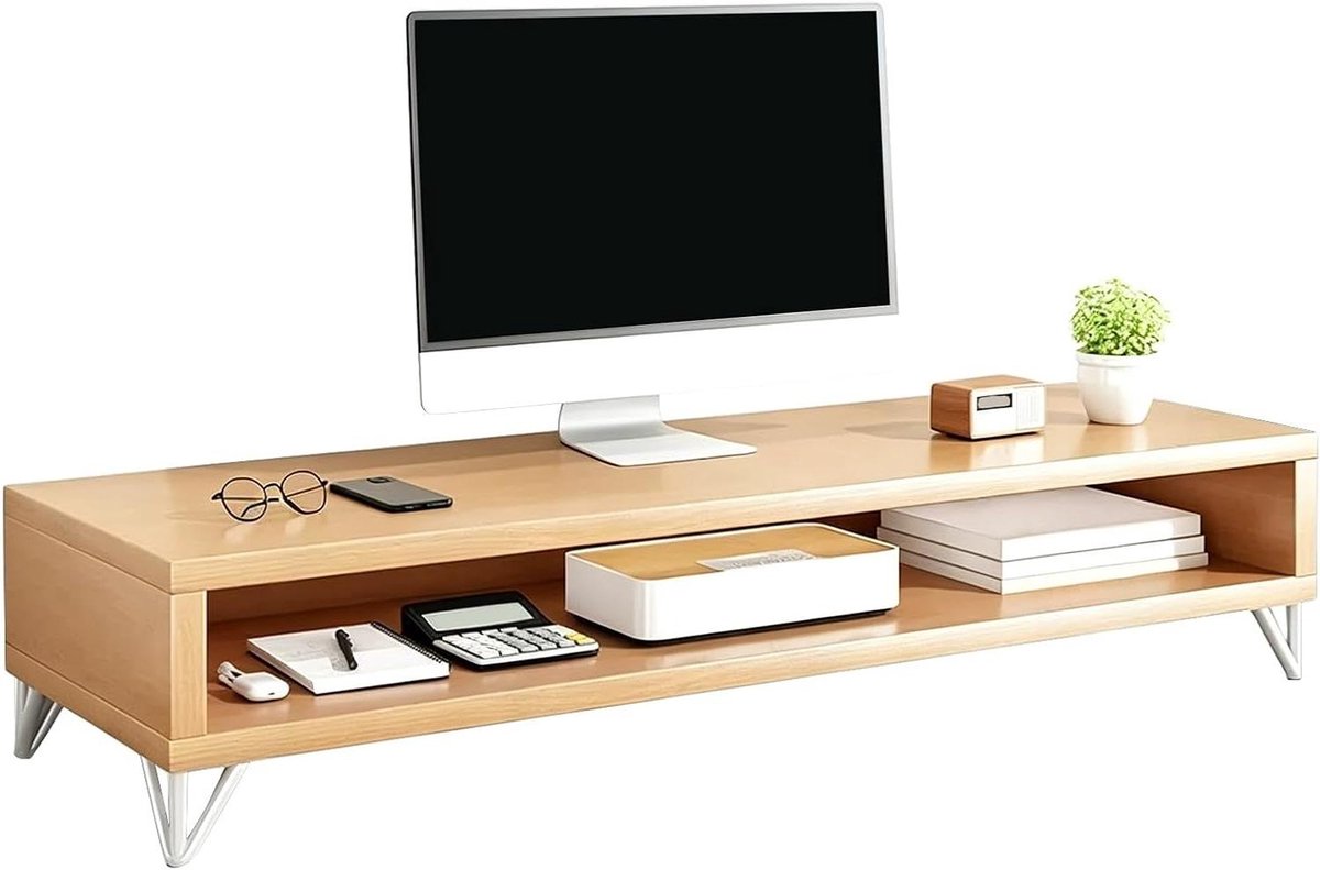 Monitor Verhoger - Bureau Organizer - Ergonomisch Werken - Dubbele Opberglaag - 70 cm - Naturel