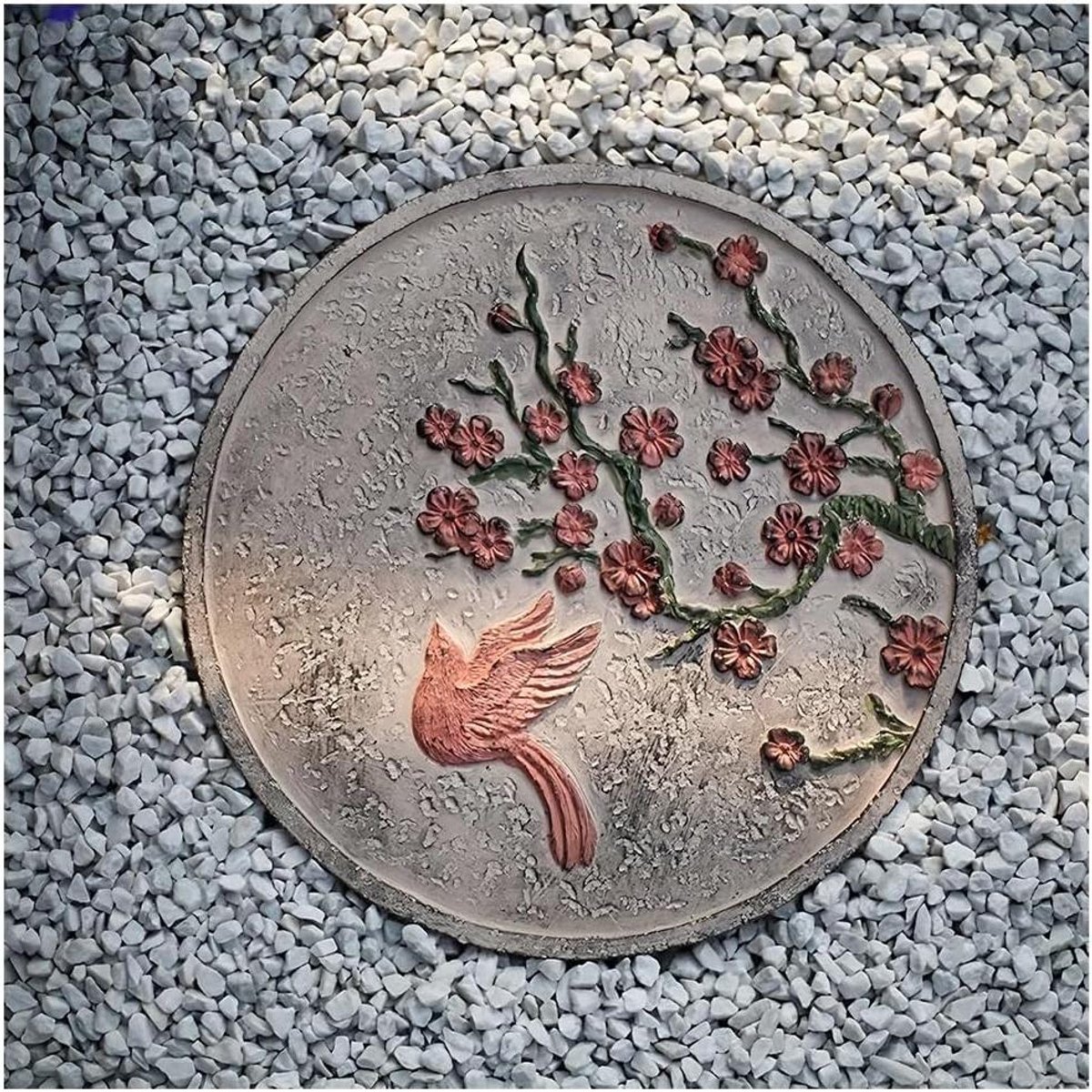 Decoratieve stapstenen - Tuinpad stenen - Buitenpad aanleggen - Vintage bloemen vogel design - 35 cm diameter - Grijs