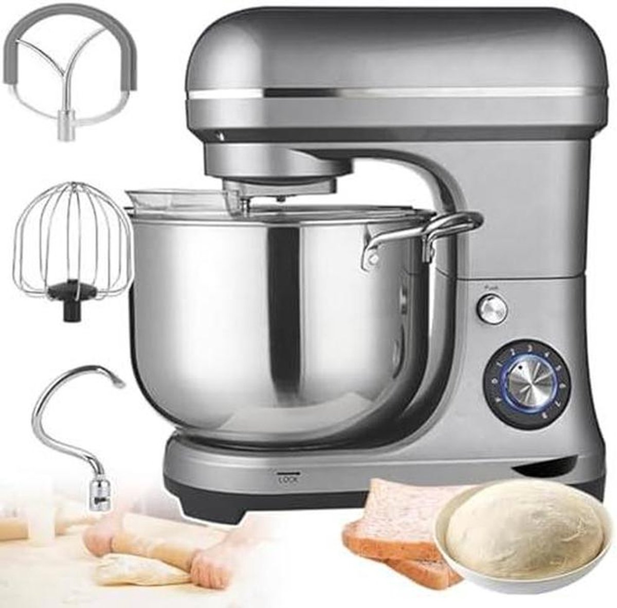 Keukenmixer - Deegmachine - Bakken Maken - Grote 10L Kom - 8 Snelheden - Zilver