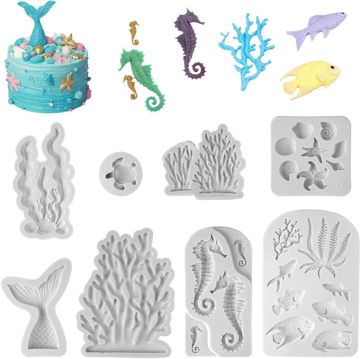 Set van 8 Siliconen Mallen voor Zee Dieren - 3D Fondant Mallen voor Bakken, Chocolade en Marsepein, inclusief Zeemeermin, Schelp en Sterrenvisvormen