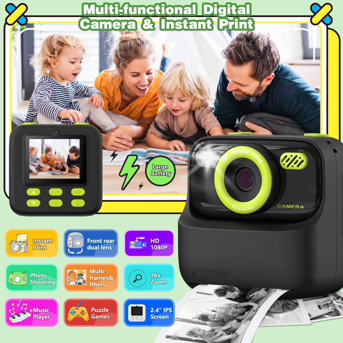 Digitale camera – Digitale camera voor kinderen met directe printfunctie – Ontwerp met dubbele lens – Unisex – 1080P HD-camera met dubbele lens voor selfies – Inclusief printpapier & 32GB-geheugenkaart–Cadeau voor jongens en meisjes – Zwart & groen thumbnail 6