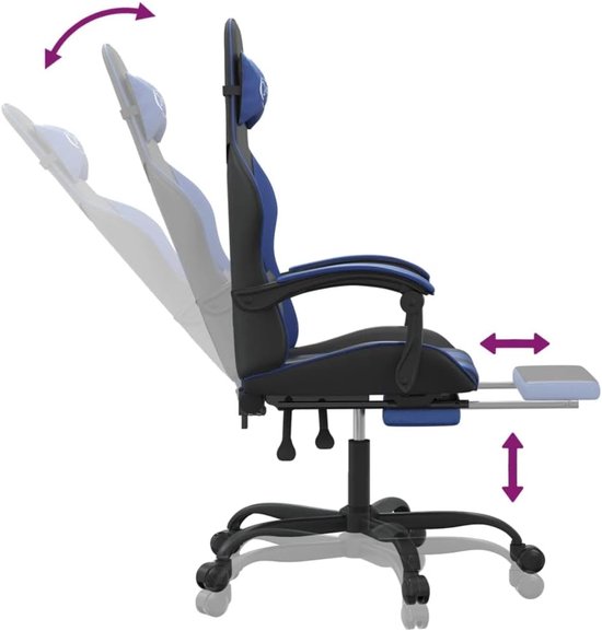 Gaming stoel - Speelstoel relax - Comfortabel gamen - Verstelbare rugleuning voetsteun - 131 cm hoog - Zwart blauw — afbeelding 5