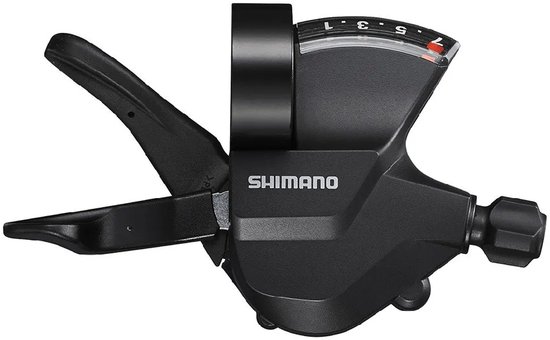 Zwarte Shimano Rapidfire Plus rechts 8-speed schakelhendel met versnellingsindicator.