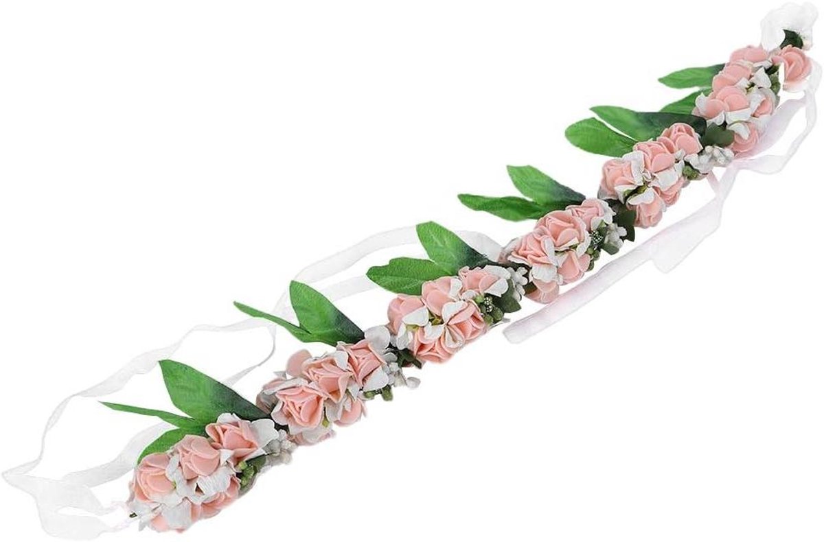 Bloemenkrans - Haaraccessoire Kroon - Feestelijke Gelegenheid - Verstelbaar met Lint - 21 x 19 cm - Roze