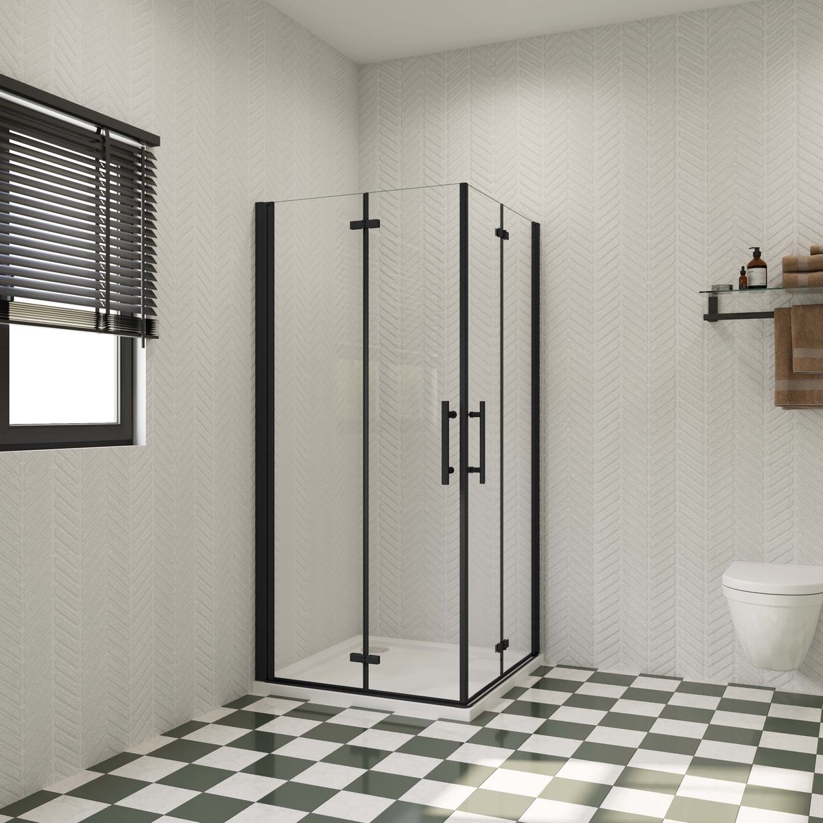 Aica Hoekinstap douchecabine 76x80x195cm dubbele vouwdeur-6mm Veiligheidsglas Easy Clean-mat zwart profiel incl. douchebak