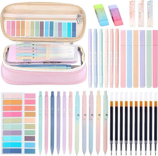 41-delige Schoolbenodigdheden Set met Ringband, Pastel Stiften, Drukpotloden en Notitieblaadjes voor een Succesvolle Terug naar School (Roze)