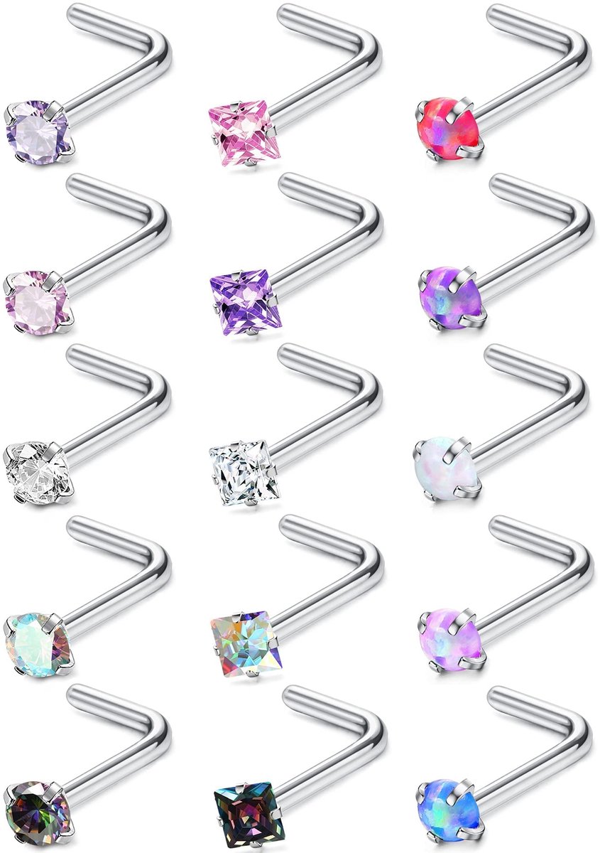 Dailygoody - Neussteker - Neuspiercing - Hypoallergeen - L-vorm en I-vorm - Sieraden voor vrouwen en mannen - 15 stuks