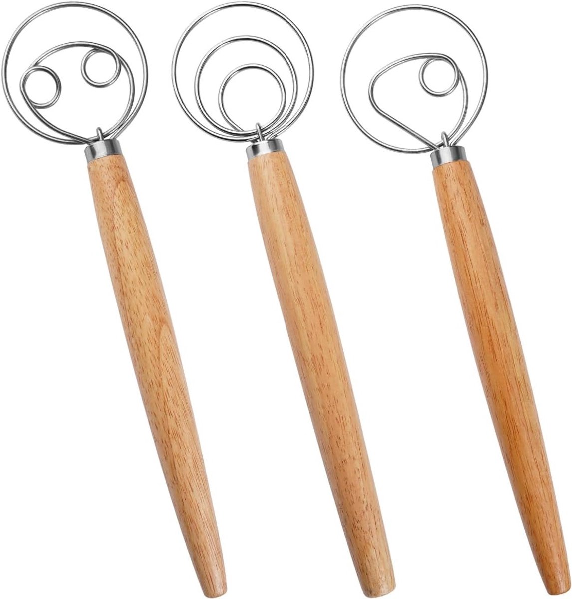 Set van 3 Deense deegborstels met houten handvat, ideaal voor het mengen van brooddeeg, gebak en cake, inclusief roestvrijstalen garde en bakaccessoires voor de keuken.