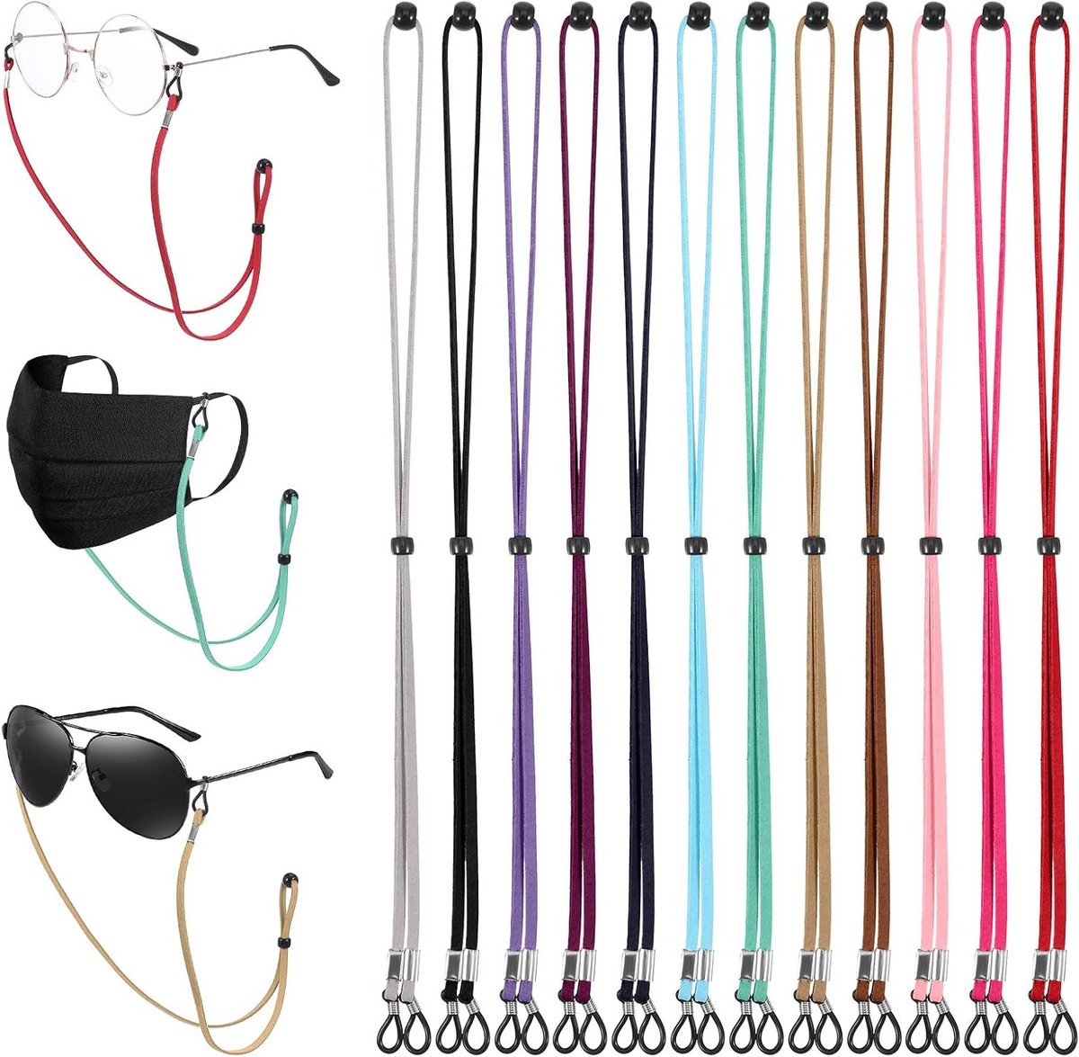 12 Stuks Leren Brilbanden, Verstelbare Brilketting, Leren Brilkoord voor Mannen en Vrouwen, Universele Brilstrap voor Zonnebrillen en Leesbrillen