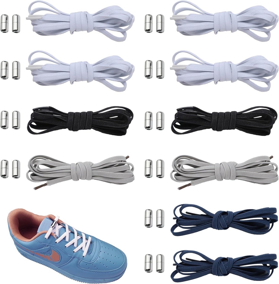 Verstelbare Elastische Veters zonder Strikken, 10 Paar Platte Veters met Gespen voor Sneakers, Hardloopschoenen en Sportschoenen