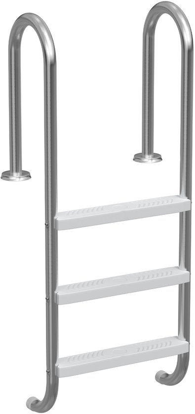 Een staande, glimmende RVS zwembadlader met drie witte, antislip treden en gebogen handgrepen.