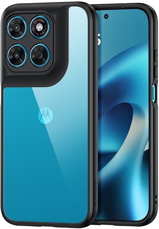 Coque de téléphone avec cadre noir et dos bleu à carreaux avec logo Motorola, à côté d'un smartphone.