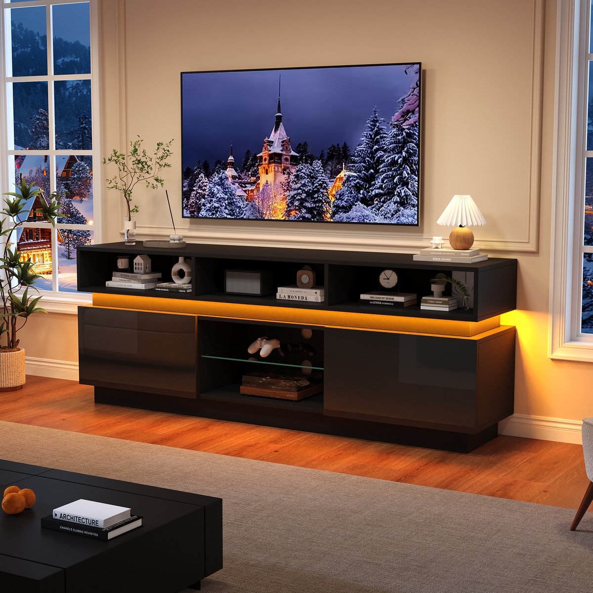 Clruro TV-Meubel - 160x35x60 cm - Lowboard Met LED + Glasplank - Hoogglans Voor 60-Inch TV - MDF - Zwart
