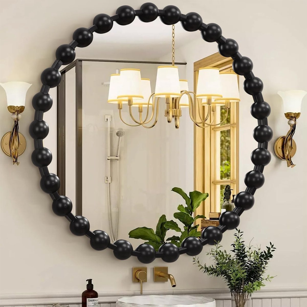 Ronde Spiegel met Metaal Kralenrand - Zwarte Cirkel Wandspiegel van 50 cm voor Slaapkamer, Woonkamer en Badkamer Decoratie