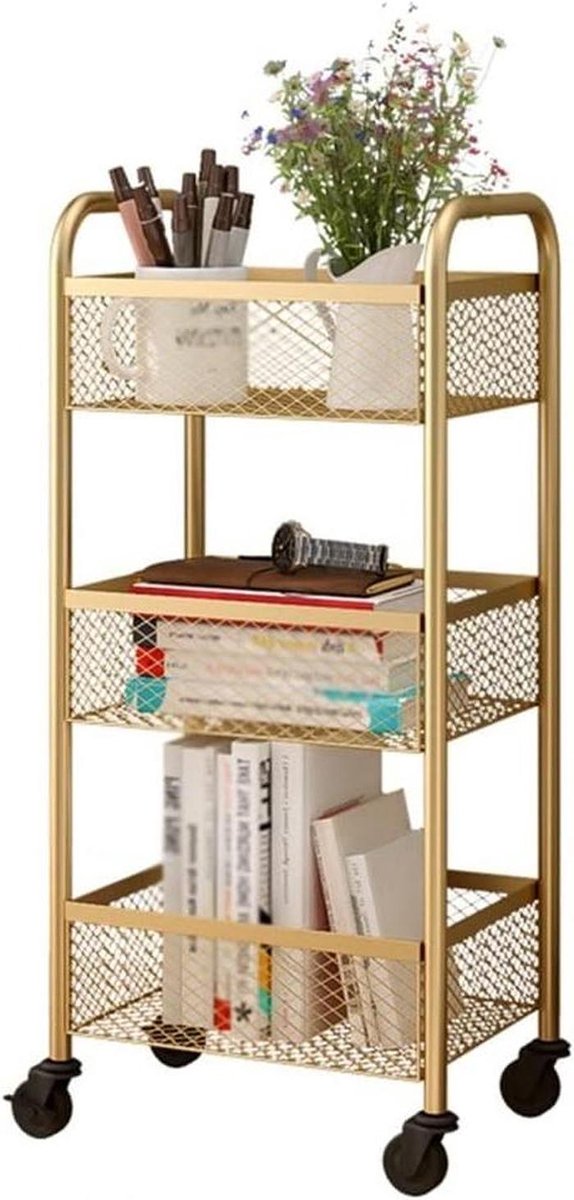Opbergrek op Wielen - Rolley Trolley - Ruimte Organiseren - Drie Lagen Mesh - 3 Tier - Goud