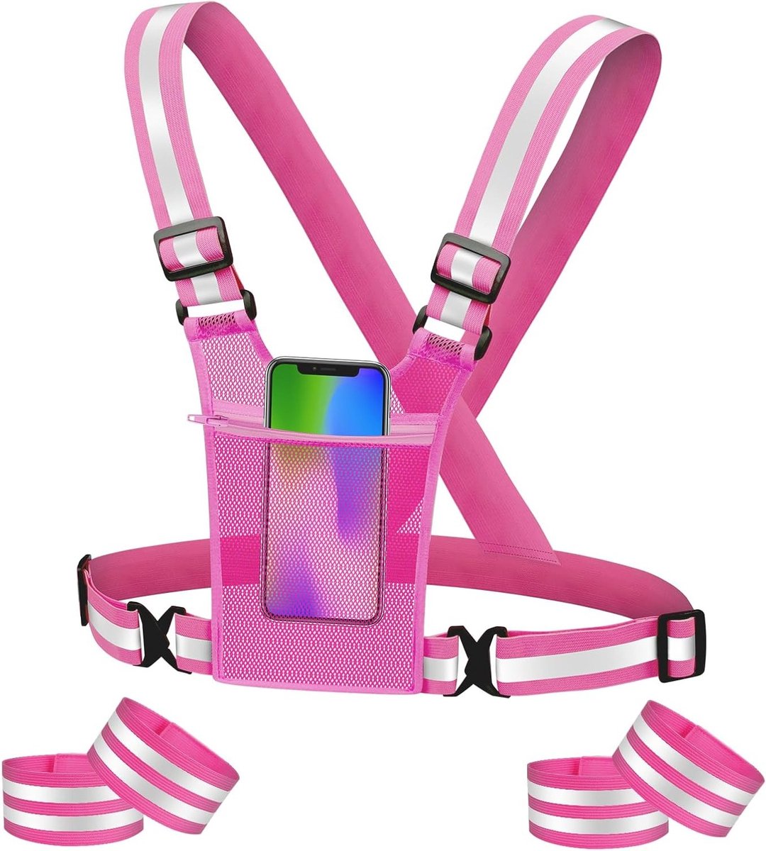 Reflecterende Veiligheidsset met Verstelbare Vesten en 4 Elastische Armbanden voor Fietsen, Hardlopen en Wandelen in Roze-Rood