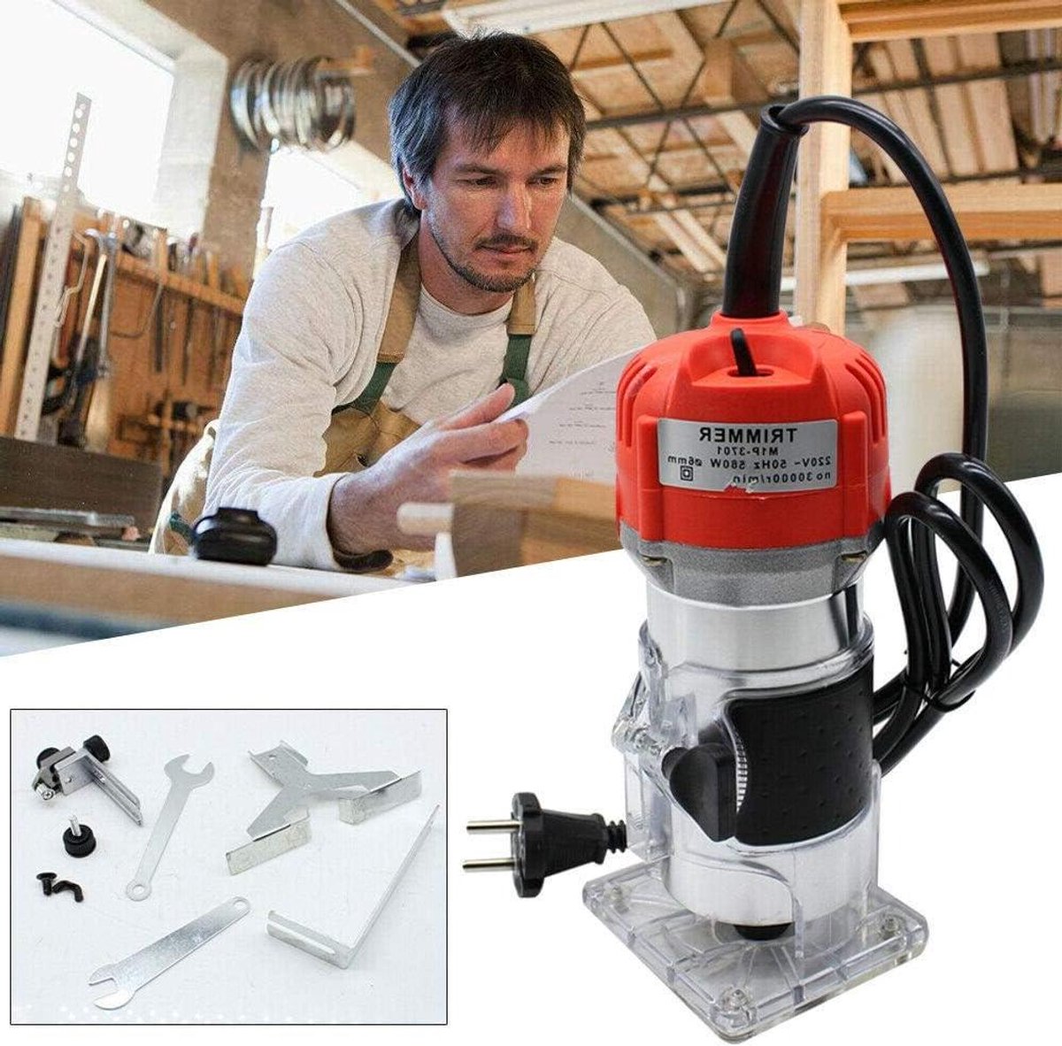 Elektrische Houttrimmer - Bovenfrees Hout Router - Houtbewerking Precisie - Variabele Onderdompeldiepte - 6.35 mm Spantang - Grijs