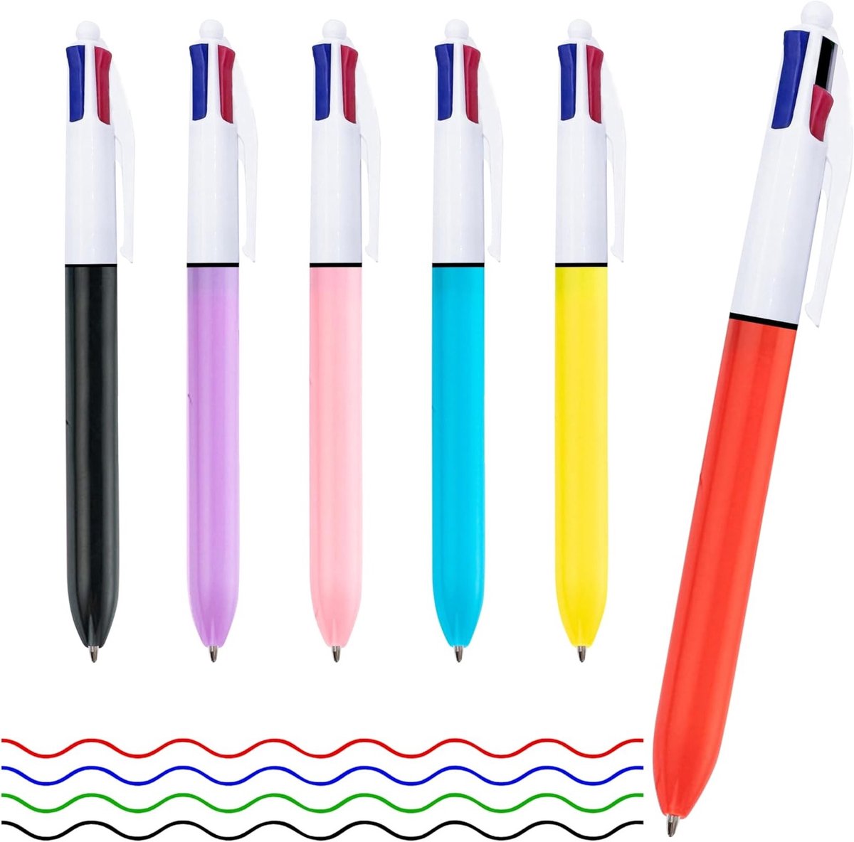 Set van 6-kleurige balpennen, 4-in-1 multifunctionele pen, 1 mm terugtrekbare inktpen, ideaal voor kantoor, studie en als cadeau voor schoolkinderen.
