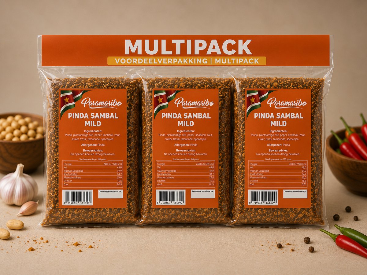 Paramaribo | Surinaamse Pindasambal (Authentieke Pindasaus en Satésaus) | Mild |4 x 500g | Multipack | Voordeelbundel | 4 stuks