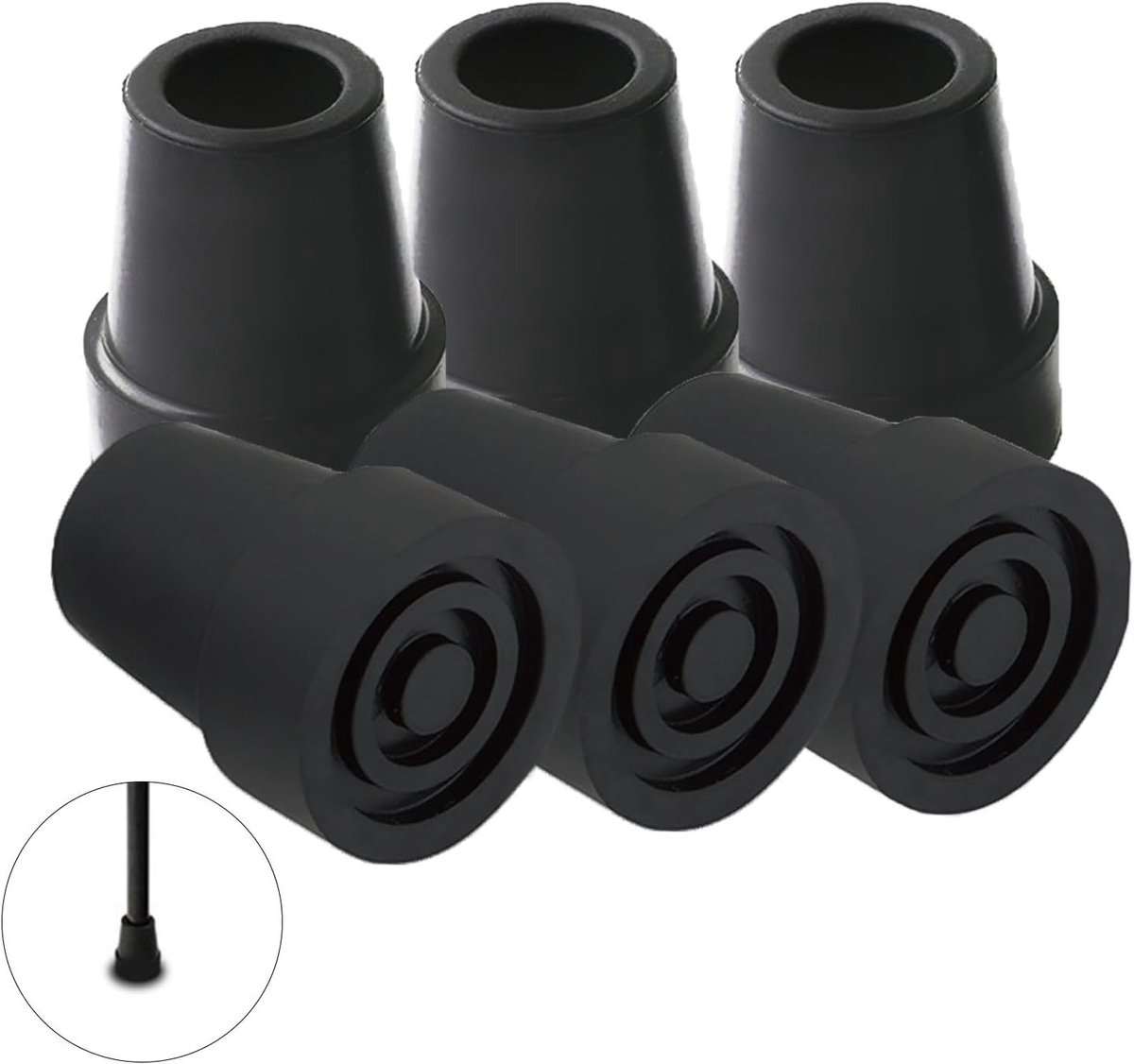 Set van 6 zwarte rietpunten, vervangende rietpunten voor wandelstokken, antislip rubberen uiteinden voor ouderen en wandelaars, geschikt voor 19mm wandelstokken