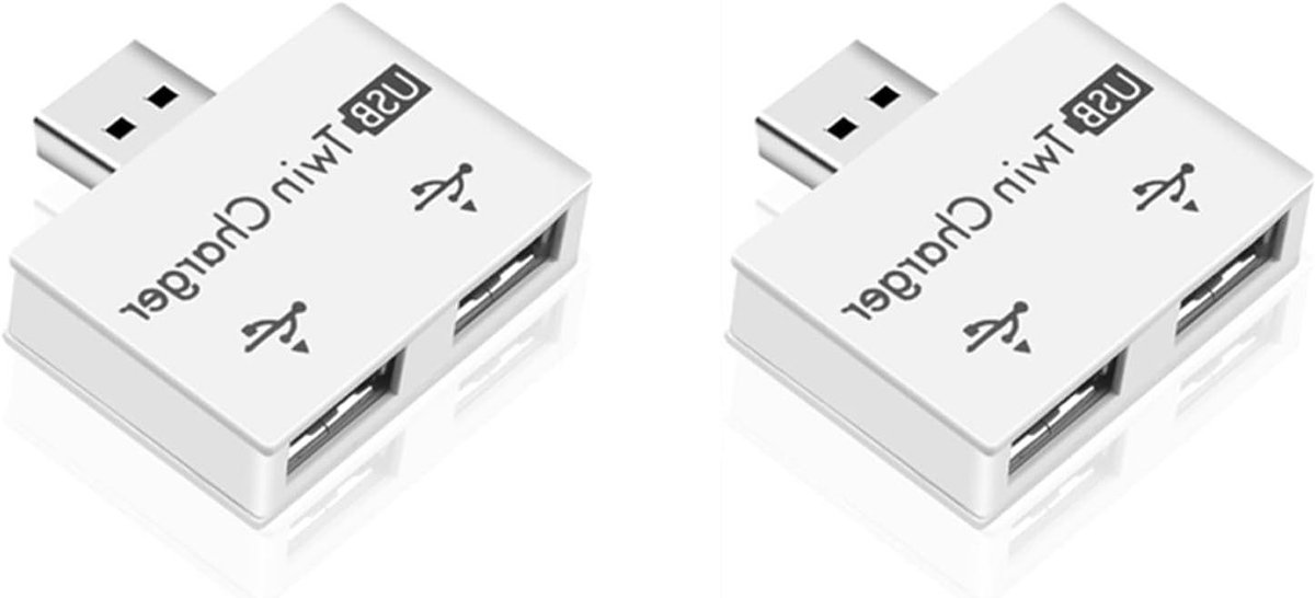 USB Hub Adapter - Oplader Extender - Twee Apparaten Laden - 1-naar-2 Poort - 2 Stuks - Wit