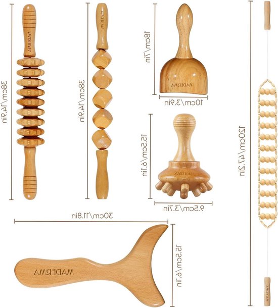 Ensemble de 6 outils de massage en bois, comprenant un rouleau, une tige, une coupe et une planche.