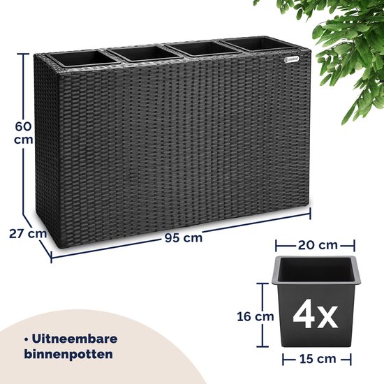 Zwarte plantenbak van polyrattan met geweven textuur, 95x27x60cm, met 4 uitneembare binnenpotten.