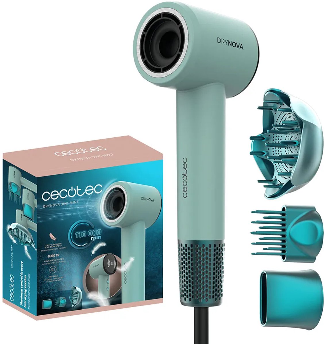 Cecotec Föhn DryNova 3in1 1600W Ionisator Digitaal Display 3 Accessoires Mint