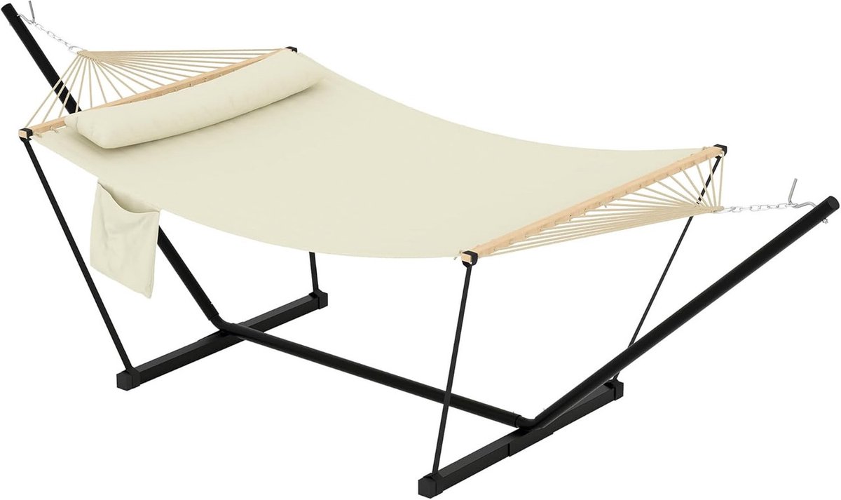 Dubbele Hangmat met Verstelbare Standaard - Heavy Duty Stalen Onderstel - 2-Persoons Hangmat voor Tuin, Terras en Strand - Draagbaar & Comfortabel - beige