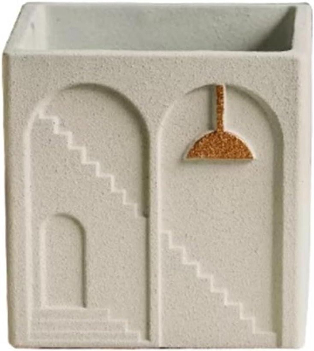 Bloempot Vierkant - Plantenbak Cement - Binnen Planten - Ventilatie Gaten - Klein Formaat - Beige