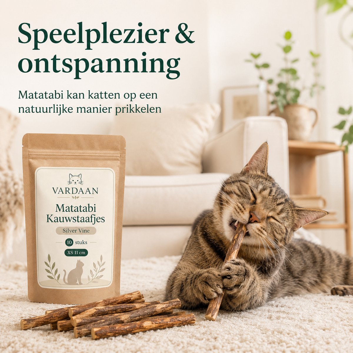Vardaan Matatabi Kauwstaafjes Katten Kitten 10 Stuks - Silver Vine Silvervine Sticks - Catnip Effect Kattenkruid - Kattenspeelgoed - Kattensnack Kauwstaven - Stressbestendig - Gebitsverzorging - 100% Natuurlijk Vegan - Ontspanning Kat - XS 11cm