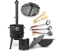 Buitenoven Kazan - Goulash Cannon Dutch Oven - Buiten Koken - Met Rookbuis Thermometer - 12 Liter - Zwart