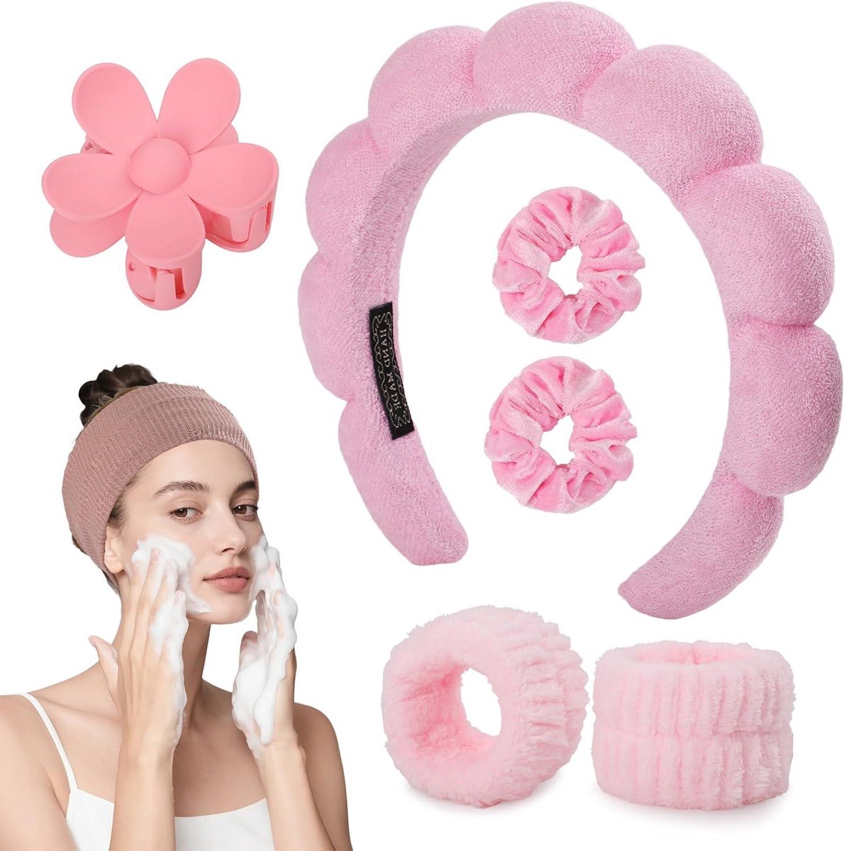 Spa Hoofdband Set - Gezichtsverzorging Accessoires - Schoonheidsroutine - Zacht Pluche Materiaal - 7-delig - Wit
