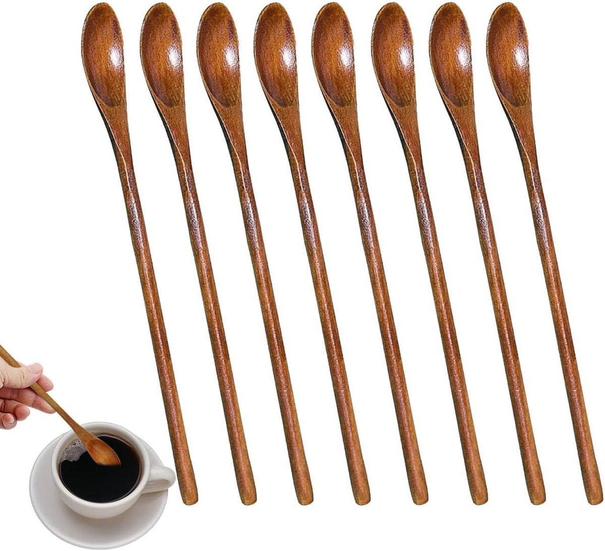 Set van 8 lange houten theelepels, perfect voor honing, koffie en thee, ideaal voor dranken en desserts